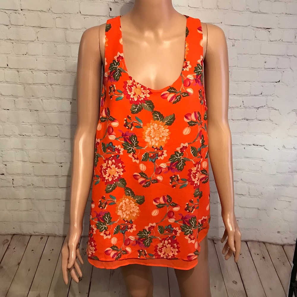 Rose & Olive vibrant orange floral blouse size large boho